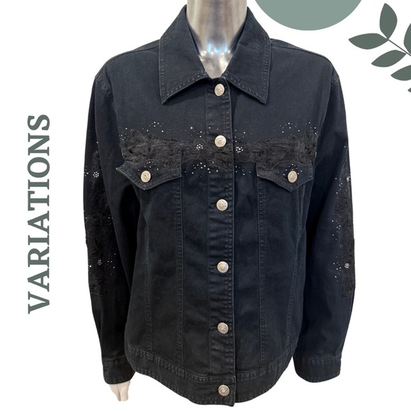 Variations Black Denim Jacket with Lace & Rhinestone Detail Size Medium - Picture 1 of 7